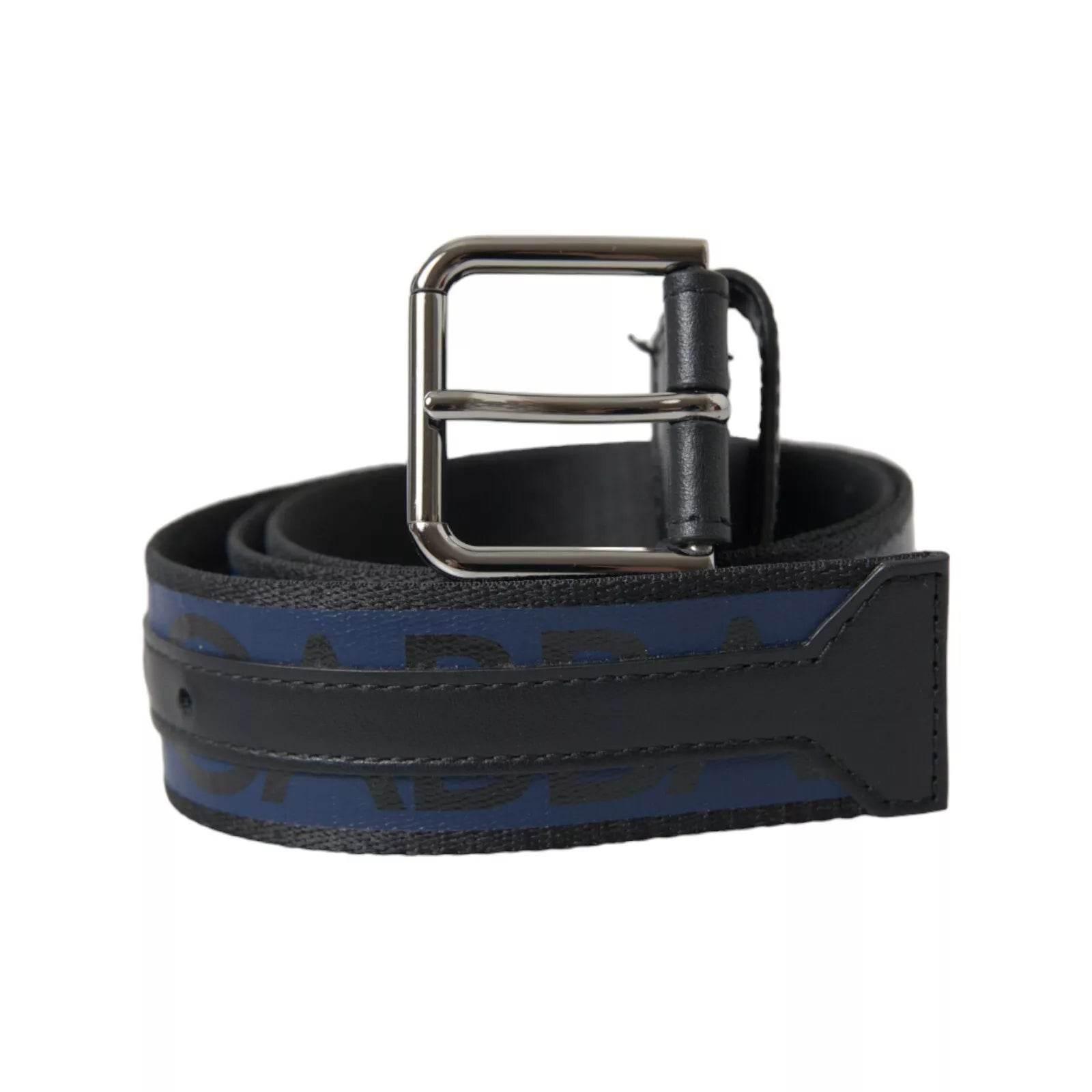 Dolce & Gabbana Black Blue Logo Silver Metal Buckle Belt - Hilstor