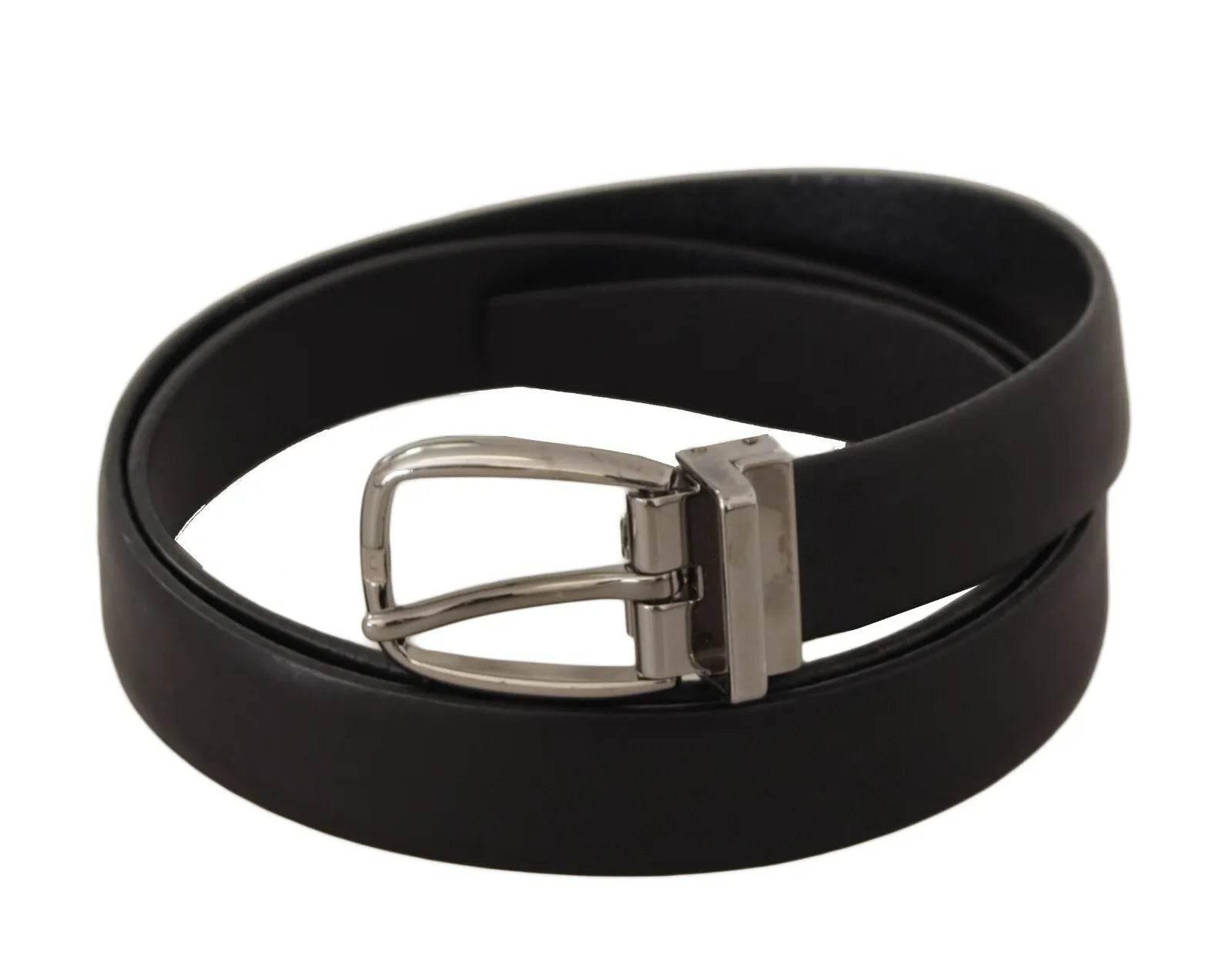Dolce & Gabbana Black Classic Leather Silver Tone Metal Buckle Belt - Hilstor