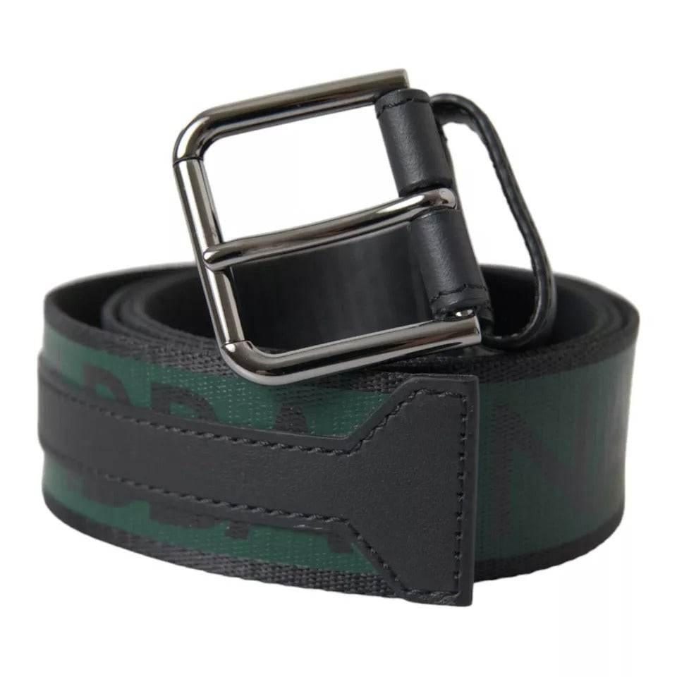 Dolce & Gabbana Black Green Logo Silver Metal Buckle Belt - Hilstor
