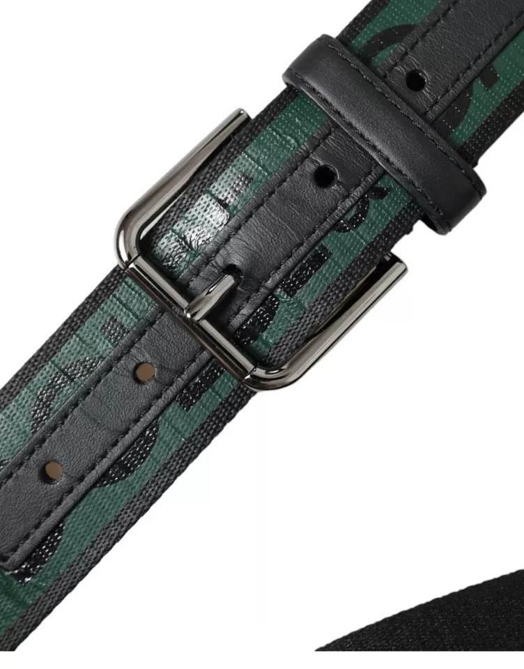 Dolce & Gabbana Black Green Logo Silver Metal Buckle Belt - Hilstor