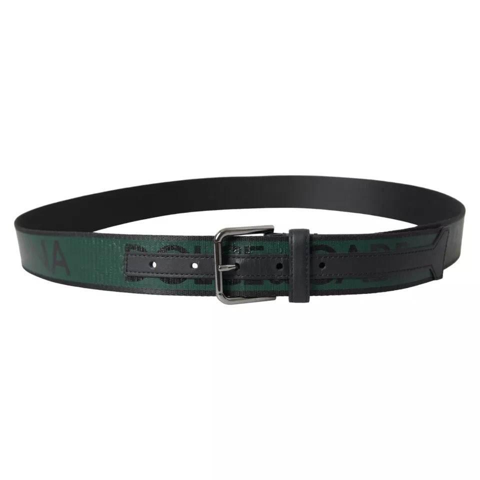 Dolce & Gabbana Black Green Logo Silver Metal Buckle Belt - Hilstor