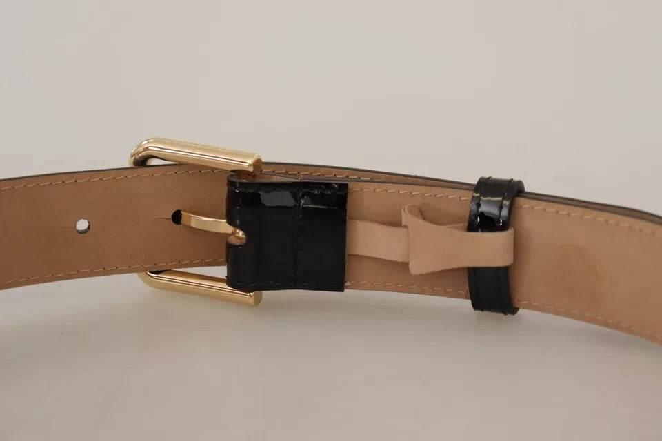 Dolce & Gabbana Black Leather Gold Metal Logo Engraved Buckle Belt - Hilstor