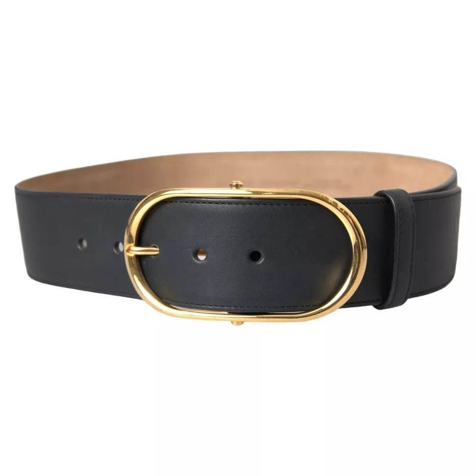 Dolce & Gabbana Black Leather Gold Oval Metal Buckle Belt - Hilstor