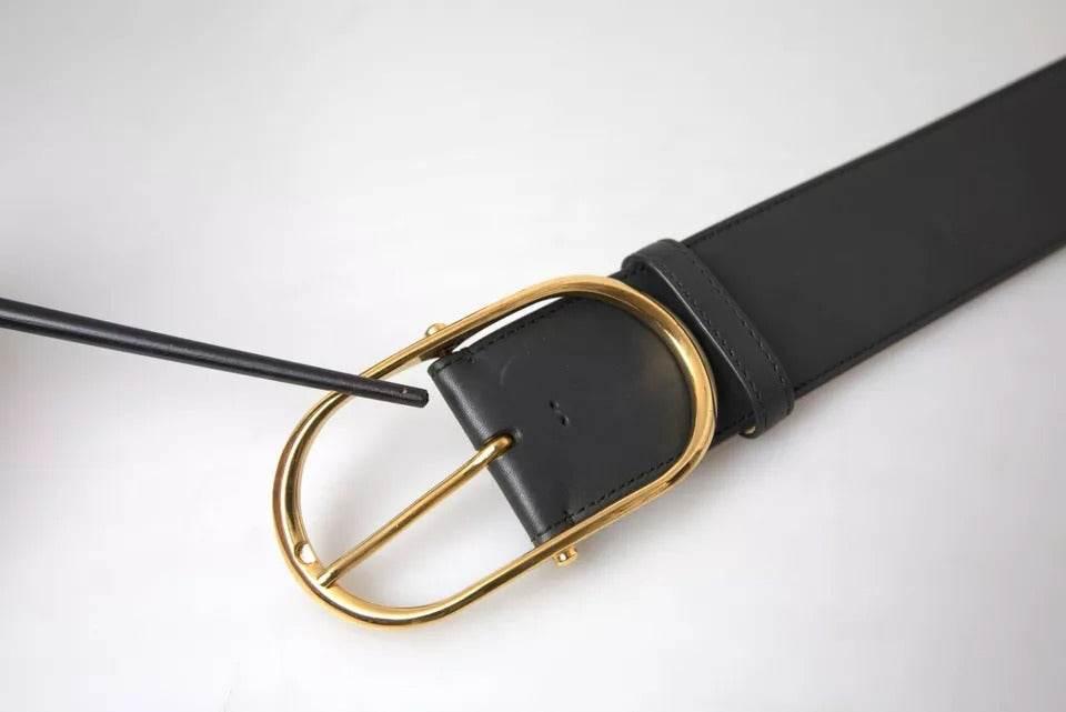 Dolce & Gabbana Black Leather Gold Oval Metal Buckle Belt - Hilstor