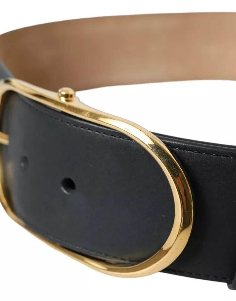 Dolce & Gabbana Black Leather Gold Oval Metal Buckle Belt - Hilstor