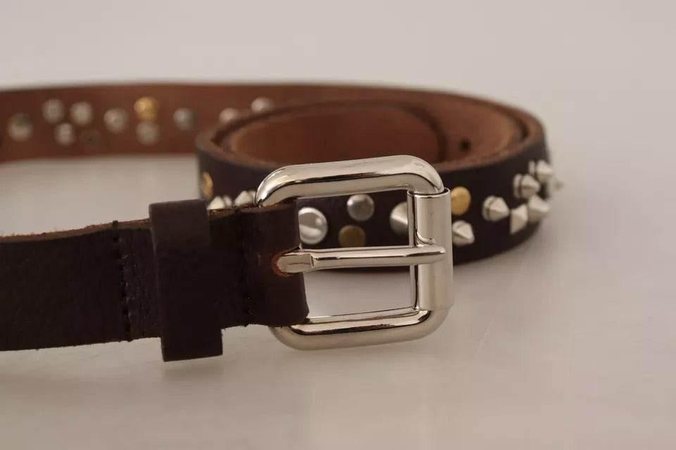 Dolce & Gabbana Brown Leather Studded Silver Metal Buckle Belt - Hilstor