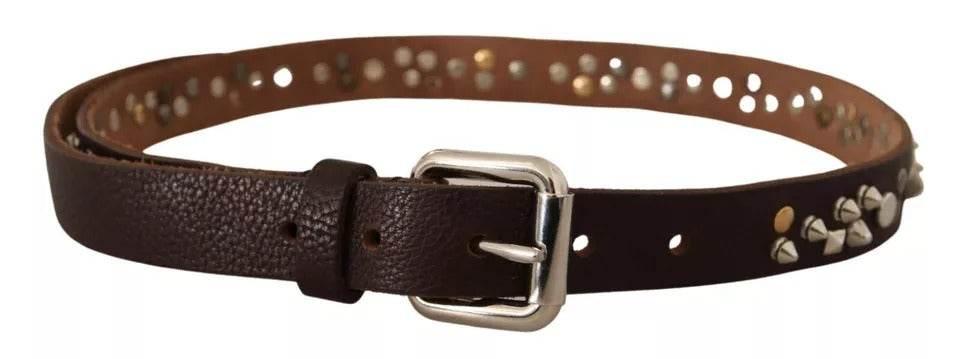 Dolce & Gabbana Brown Leather Studded Silver Metal Buckle Belt - Hilstor