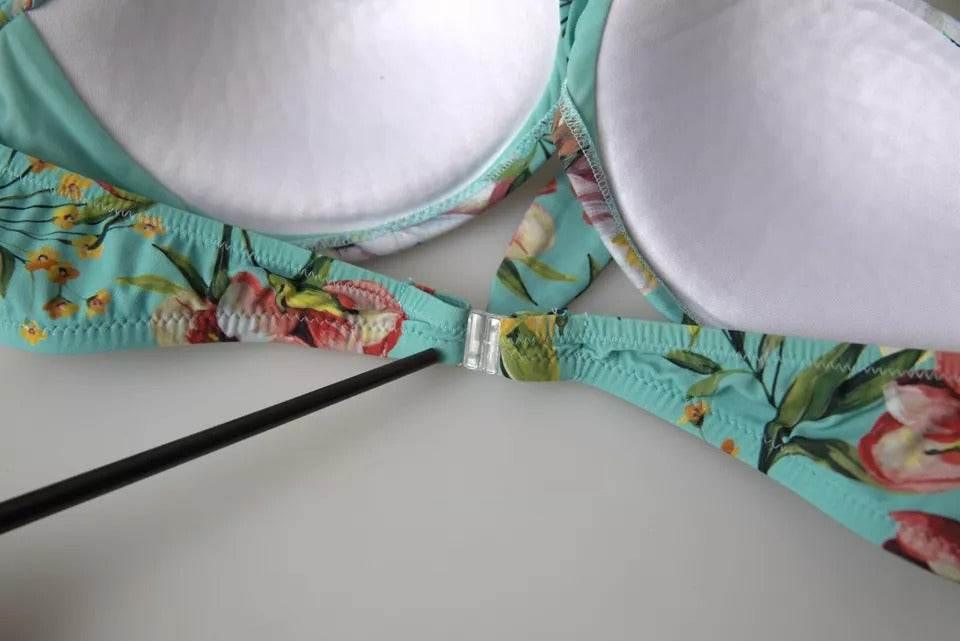 Dolce & Gabbana Mint Green Floral Print Beachwear Bikini Top - Hilstor