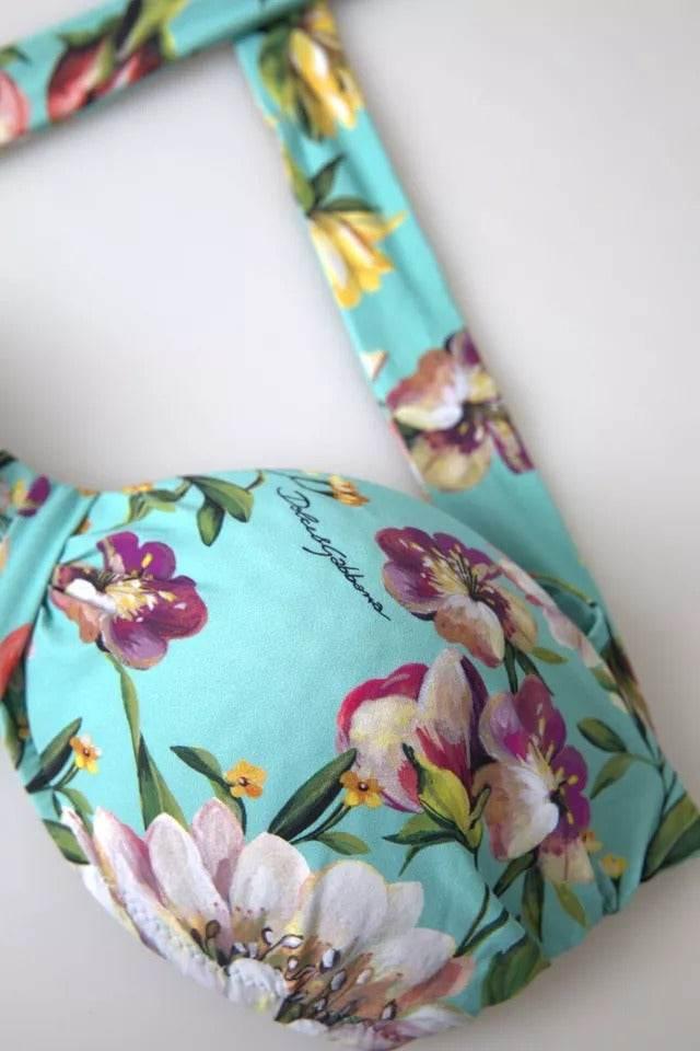 Dolce & Gabbana Mint Green Floral Print Beachwear Bikini Top - Hilstor