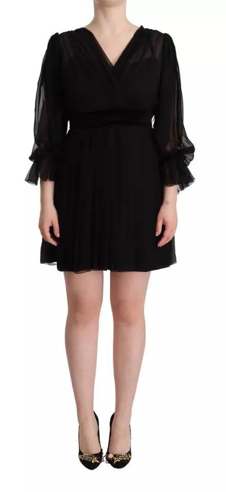 Dolce & Gabbana Black V-neck Long Sleeves Mini A-line Dress - Hilstor