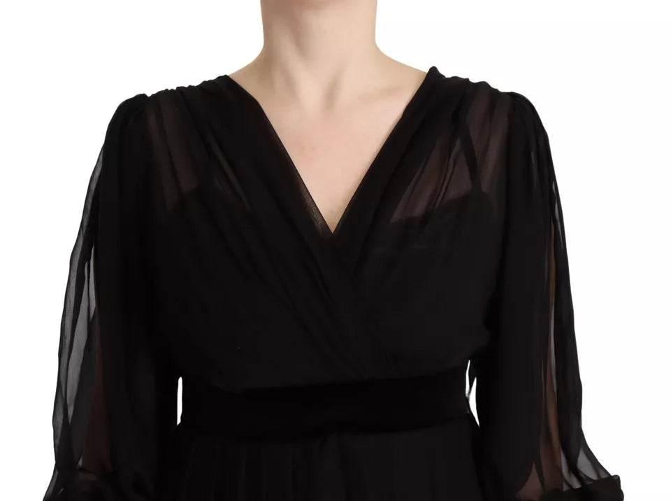 Dolce & Gabbana Black V-neck Long Sleeves Mini A-line Dress - Hilstor