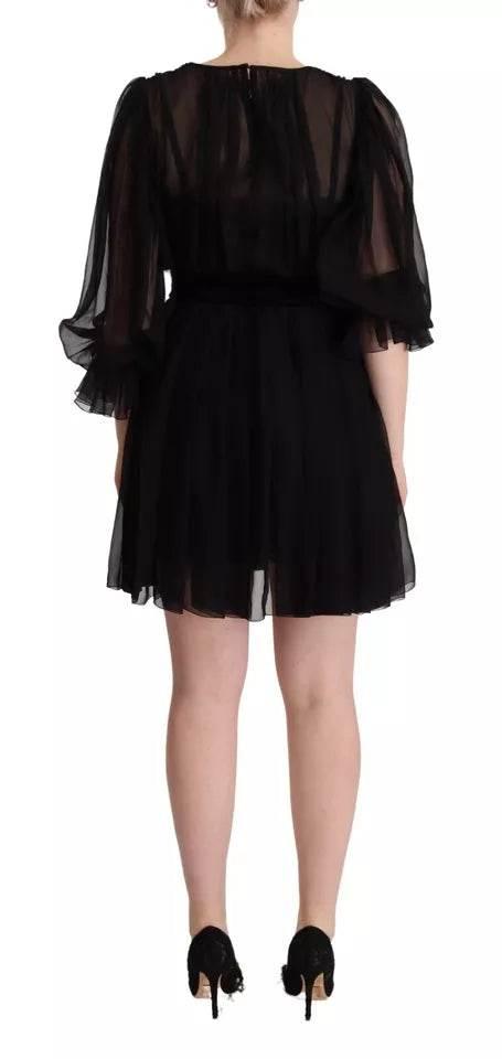 Dolce & Gabbana Black V-neck Long Sleeves Mini A-line Dress - Hilstor