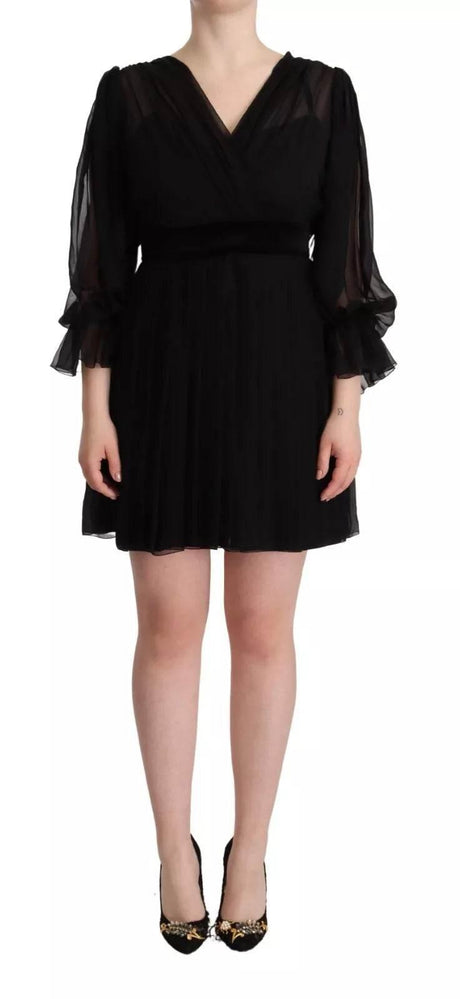 Dolce & Gabbana Black V-neck Long Sleeves Mini A-line Dress - Hilstor