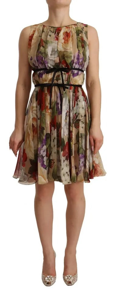 Dolce &amp; Gabbana Beige Floral ærmeløs minikjole med rund hals