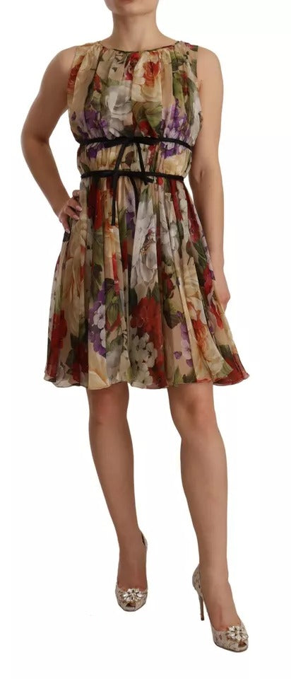 Dolce &amp; Gabbana Beige Floral ærmeløs minikjole med rund hals