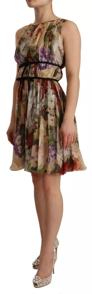Dolce &amp; Gabbana Beige Floral ærmeløs minikjole med rund hals