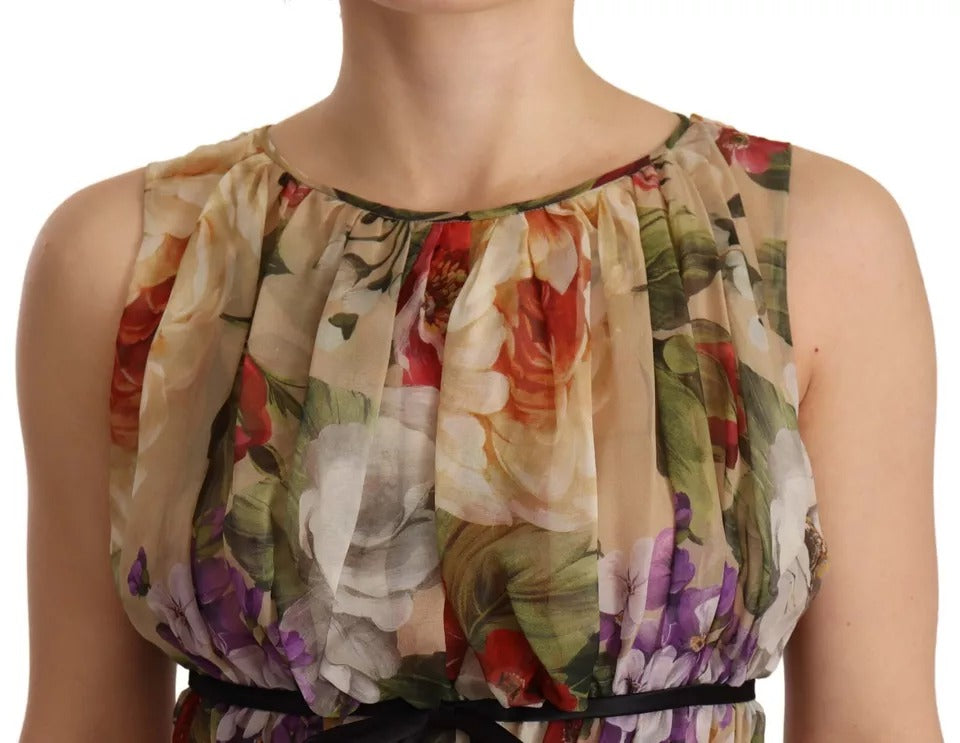 Dolce &amp; Gabbana Beige Floral ærmeløs minikjole med rund hals