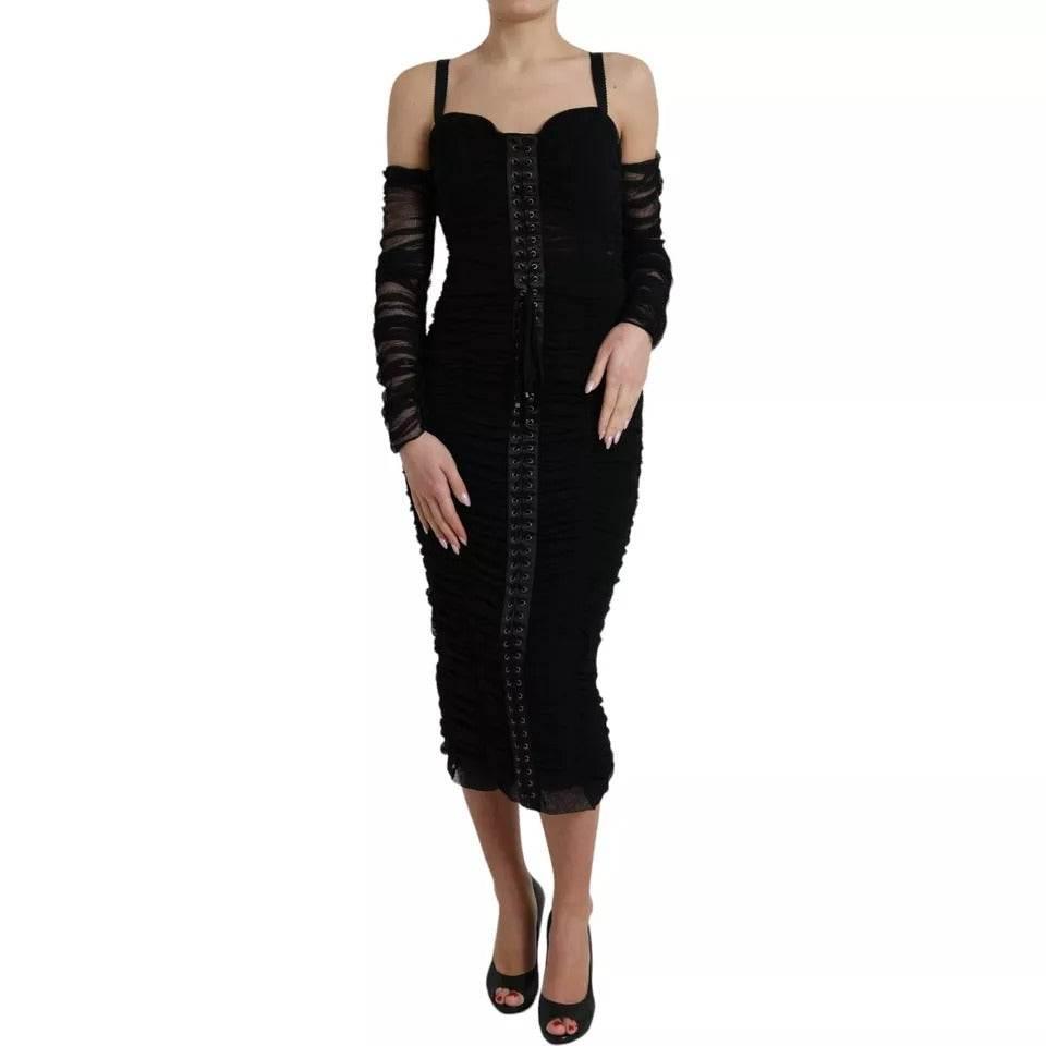 Dolce & Gabbana Black Cold Shoulder Stretch Tulle Midi Dress - Hilstor