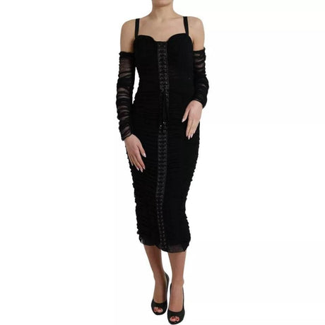 Dolce & Gabbana Black Cold Shoulder Stretch Tulle Midi Dress - Hilstor