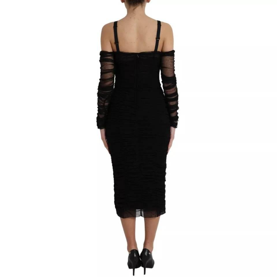 Dolce & Gabbana Black Cold Shoulder Stretch Tulle Midi Dress - Hilstor