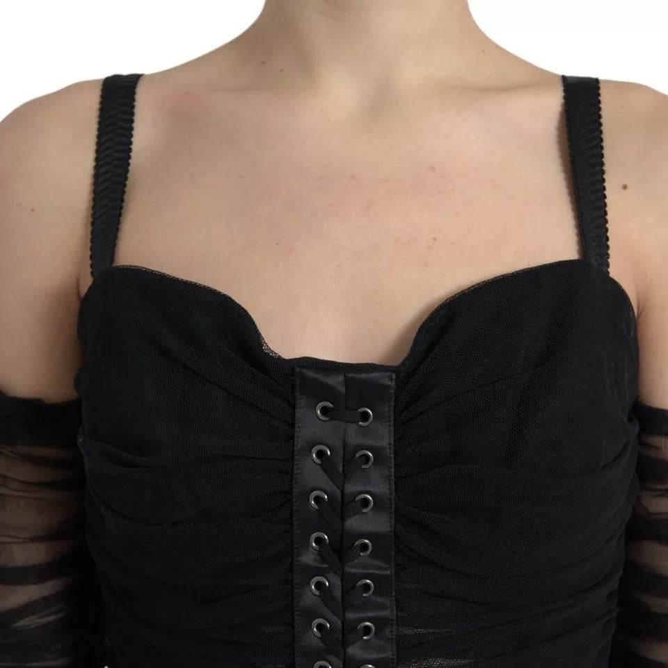 Dolce & Gabbana Black Cold Shoulder Stretch Tulle Midi Dress - Hilstor