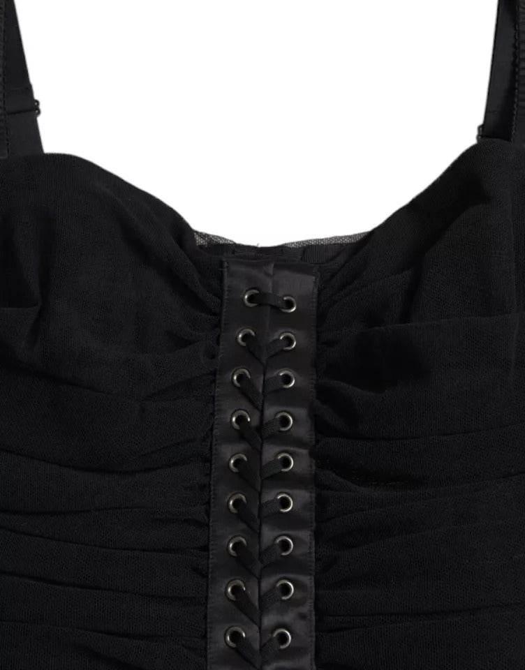 Dolce & Gabbana Black Cold Shoulder Stretch Tulle Midi Dress - Hilstor