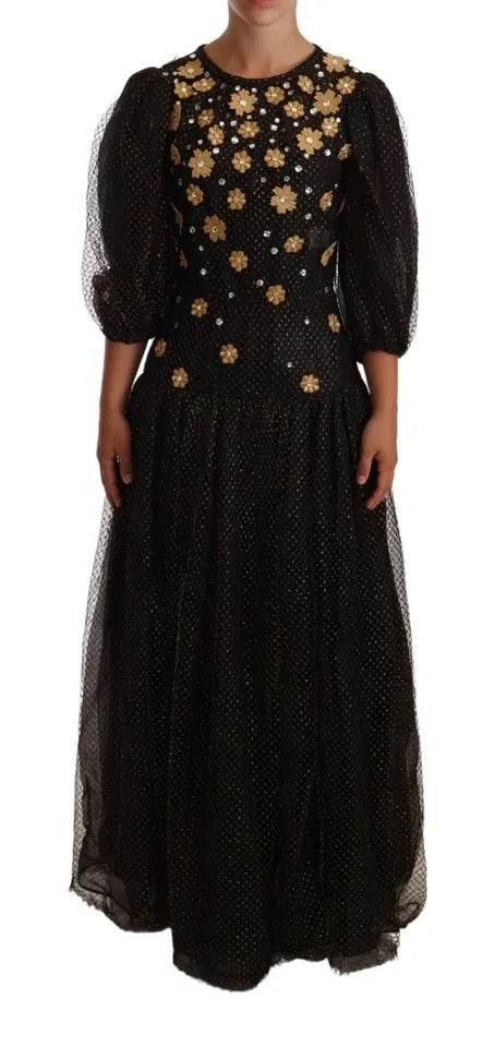Dolce & Gabbana Black Crystal Floral Maxi Ball Gown Dress - Hilstor