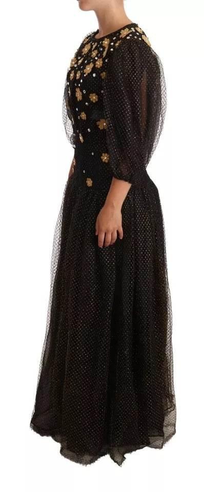 Dolce & Gabbana Black Crystal Floral Maxi Ball Gown Dress - Hilstor