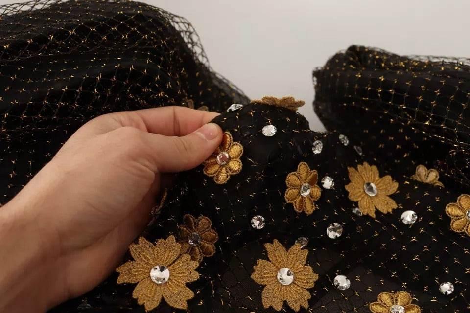 Dolce & Gabbana Black Crystal Floral Maxi Ball Gown Dress - Hilstor