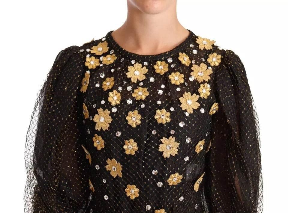 Dolce & Gabbana Black Crystal Floral Maxi Ball Gown Dress - Hilstor