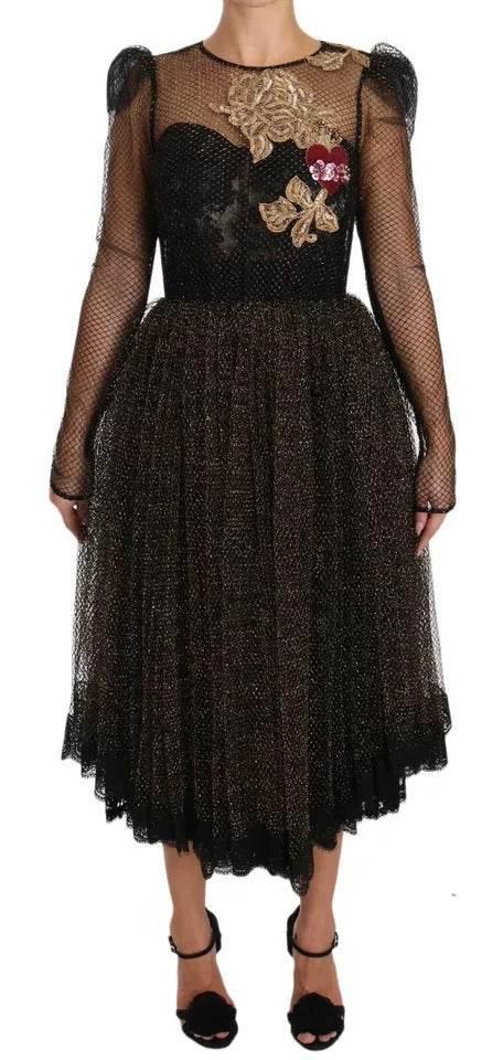 Dolce & Gabbana Black Gold Crystal Heart A-line Dress - Hilstor