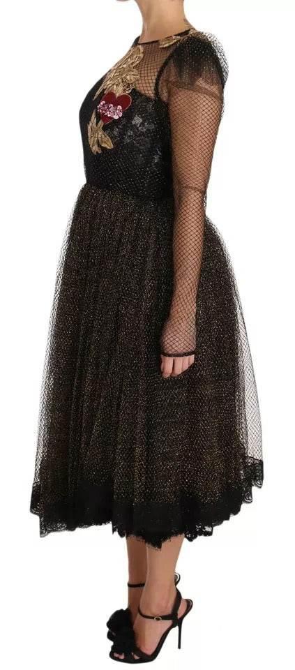 Dolce & Gabbana Black Gold Crystal Heart A-line Dress - Hilstor