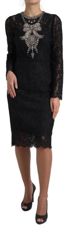 Dolce & Gabbana Black Nylon Lace Embellished Sheath Dress - Hilstor