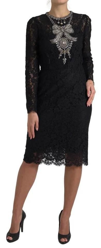 Dolce & Gabbana Black Nylon Lace Embellished Sheath Dress - Hilstor