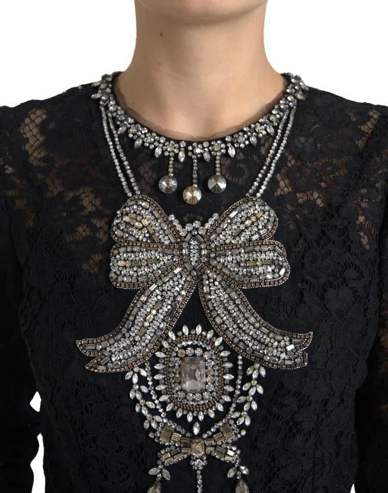 Dolce & Gabbana Black Nylon Lace Embellished Sheath Dress - Hilstor