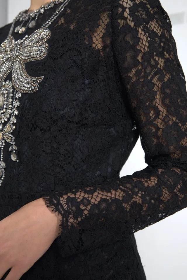 Dolce & Gabbana Black Nylon Lace Embellished Sheath Dress - Hilstor