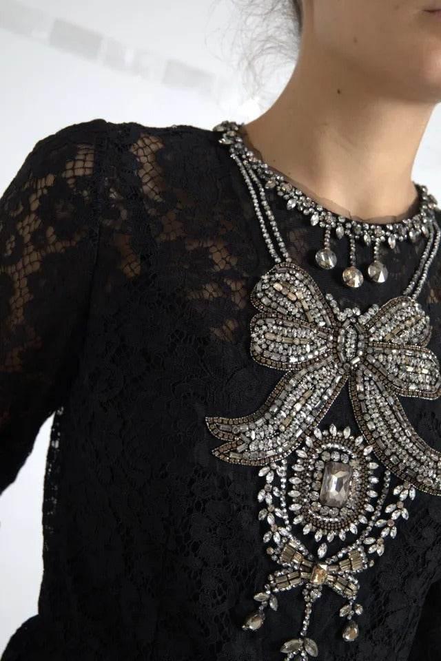 Dolce & Gabbana Black Nylon Lace Embellished Sheath Dress - Hilstor