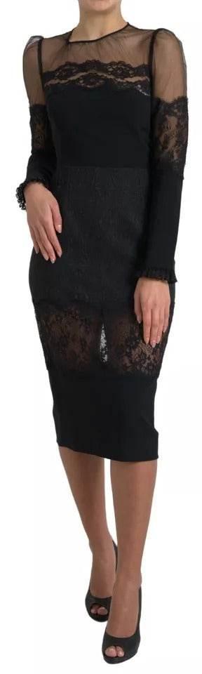 Dolce & Gabbana Black Sheer Floral Lace Sheath Midi Dress - Hilstor