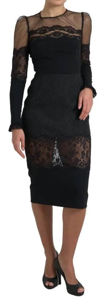 Dolce & Gabbana Black Sheer Floral Lace Sheath Midi Dress - Hilstor