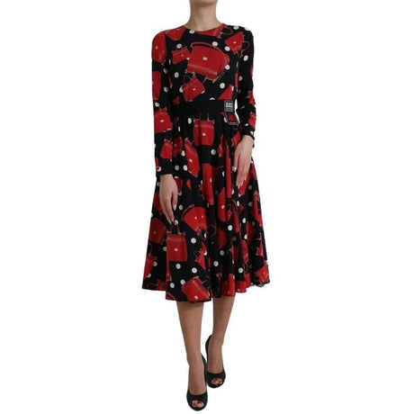 Dolce & Gabbana Black Sicily Bag Print Flared Midi Dress - Hilstor