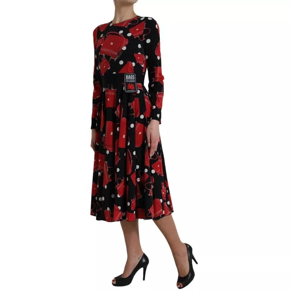 Dolce & Gabbana Black Sicily Bag Print Flared Midi Dress - Hilstor
