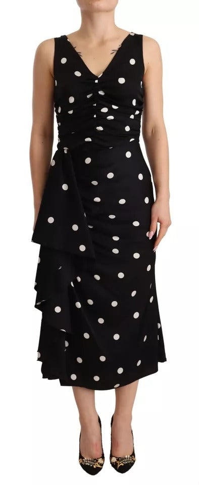 Dolce &amp; Gabbana Sort Silk Polka Dots V-hals Skede Midi Kjole