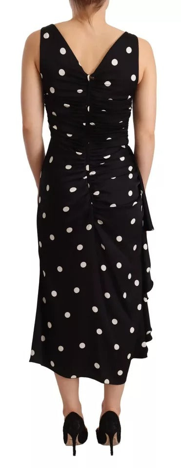 Dolce &amp; Gabbana Sort Silk Polka Dots V-hals Skede Midi Kjole