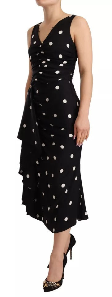 Dolce &amp; Gabbana Sort Silk Polka Dots V-hals Skede Midi Kjole
