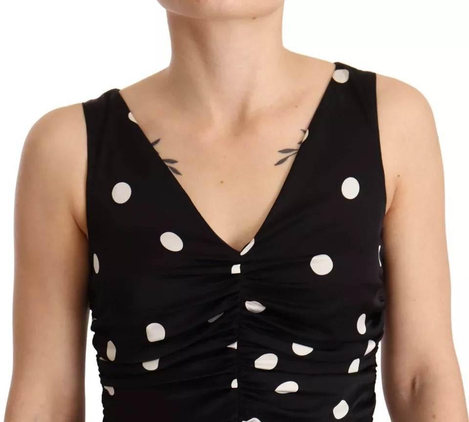 Dolce & Gabbana Black Silk Polka Dots V-neck Sheath Midi Dress - Hilstor