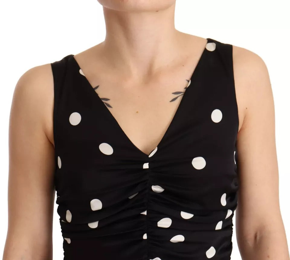 Dolce &amp; Gabbana Sort Silk Polka Dots V-hals Skede Midi Kjole