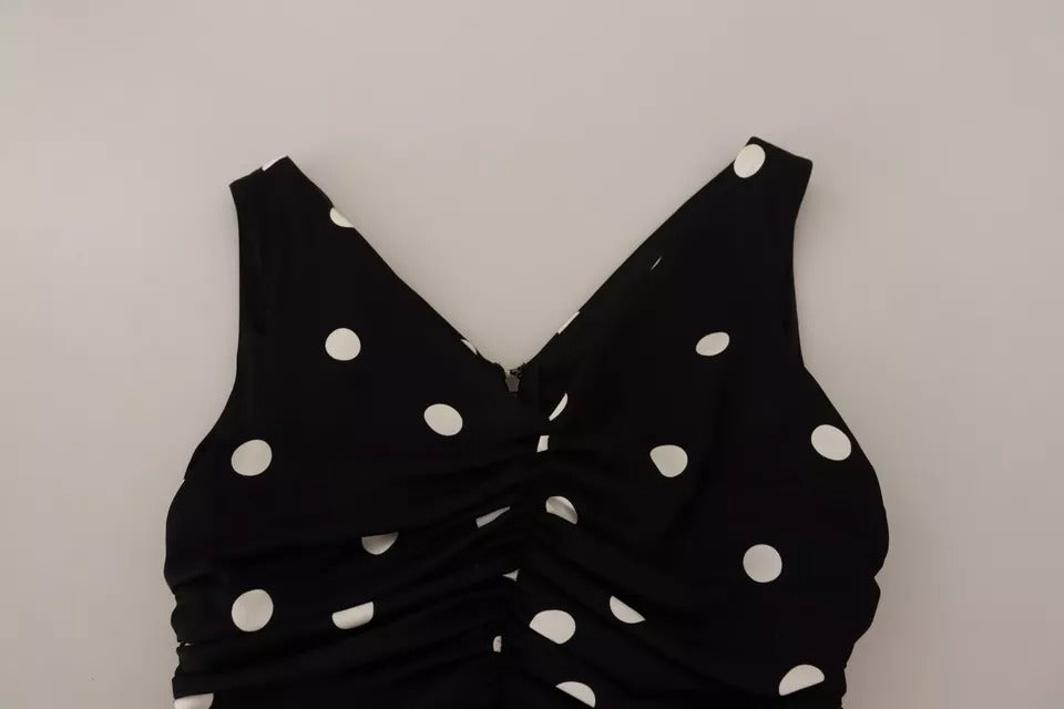 Dolce &amp; Gabbana Sort Silk Polka Dots V-hals Skede Midi Kjole