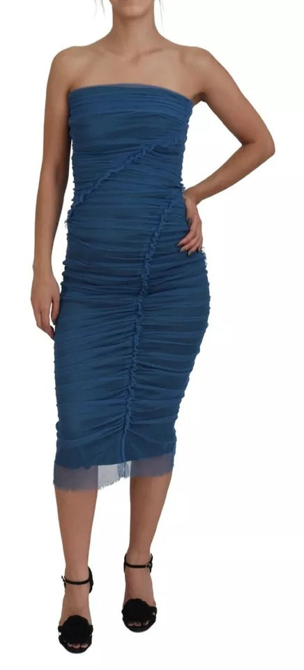 Dolce &amp; Gabbana Blue Mesh Trim Ruched Tulle Skede Kjole