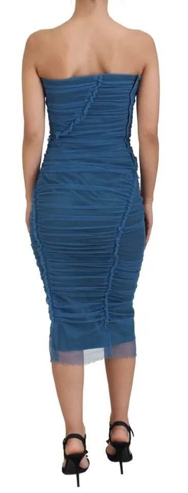 Dolce & Gabbana Blue Mesh Trim Ruched Tulle Sheath Dress - Hilstor
