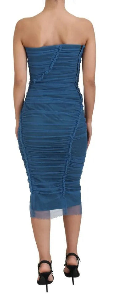 Dolce &amp; Gabbana Blue Mesh Trim Ruched Tulle Skede Kjole